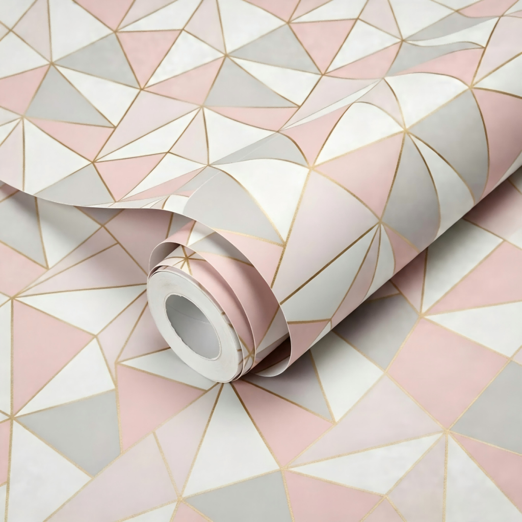 Papel de Parede Zara Rosa Cinza Dourado Geométrico 5 Metros x 45cm Adesivo Premium Quarto Sala