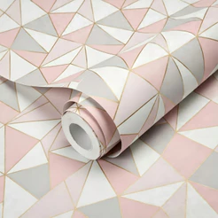 Papel de Parede Zara Rosa Cinza Dourado Geométrico 5 Metros x 45cm Adesivo Premium Quarto Sala
