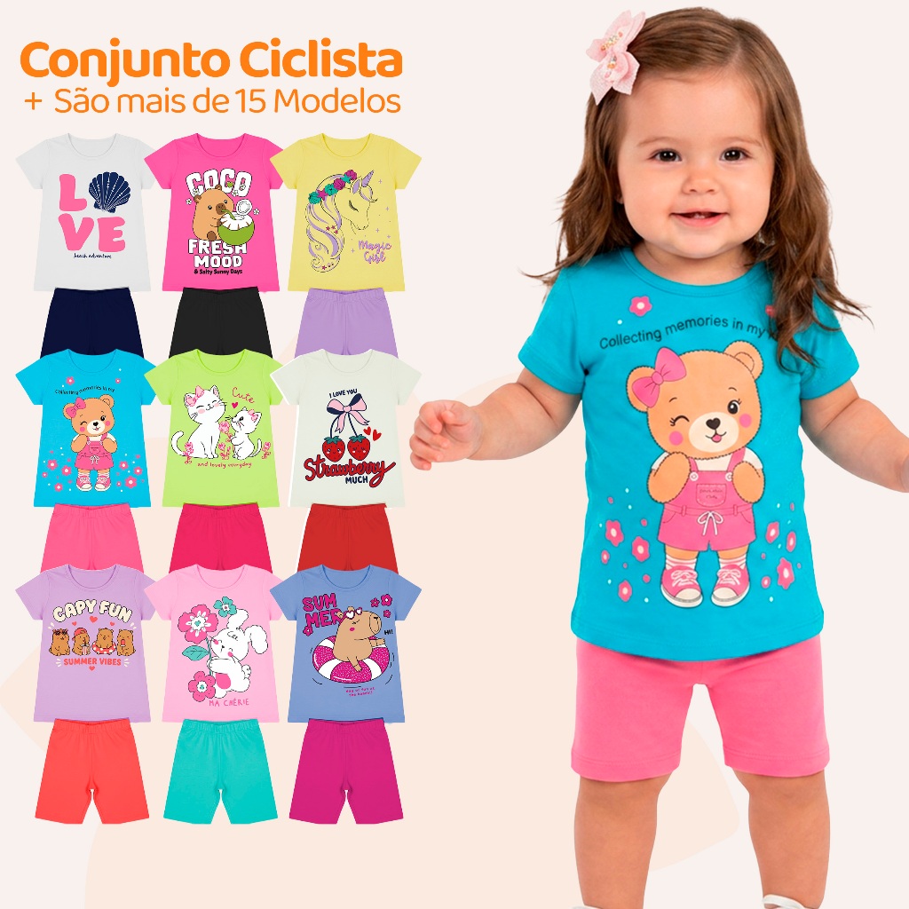 Kit Sortido 6 Peças de Roupas Bebe Menina Conjunto Ciclista Tamanho 1 ao 10