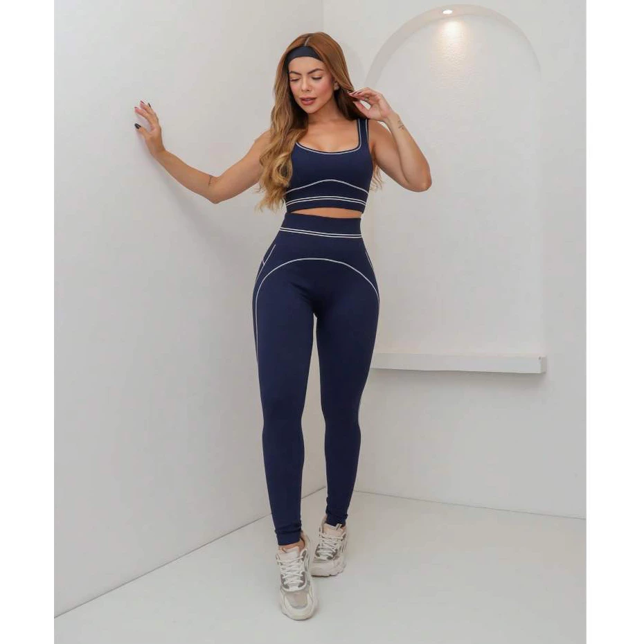 Conjunto Fitness Feminino Canelado Premium com Bojo Legging Cintura Alta Academia 3RD SD1862
