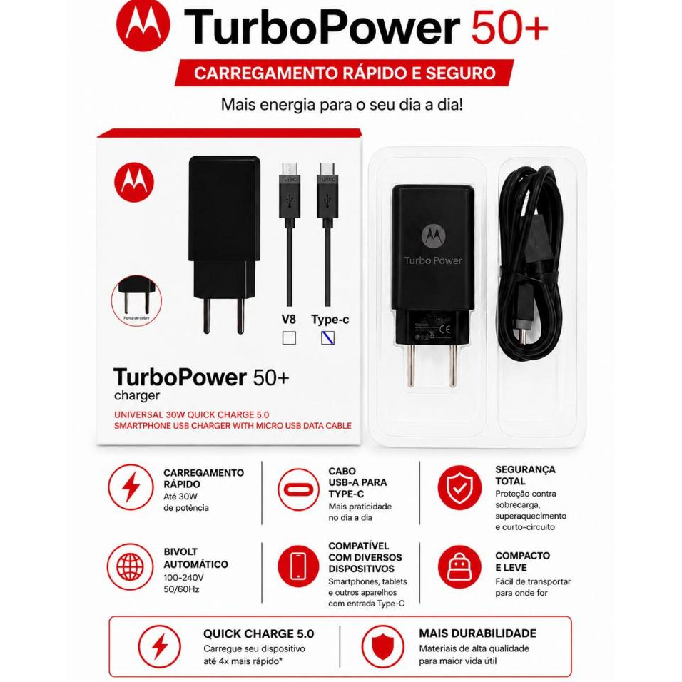 Carregador Motorola Turbo Power USB Tipo C com Cabo Completo para Celular