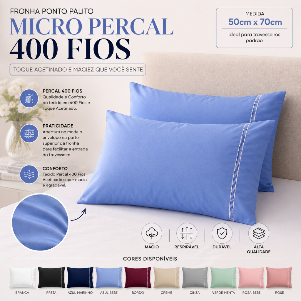 Kit 10 Fronhas Ponto Palito Micropercal 400 Fios Toque Acetinado Macio 50cm x 70cm Antialérgica
