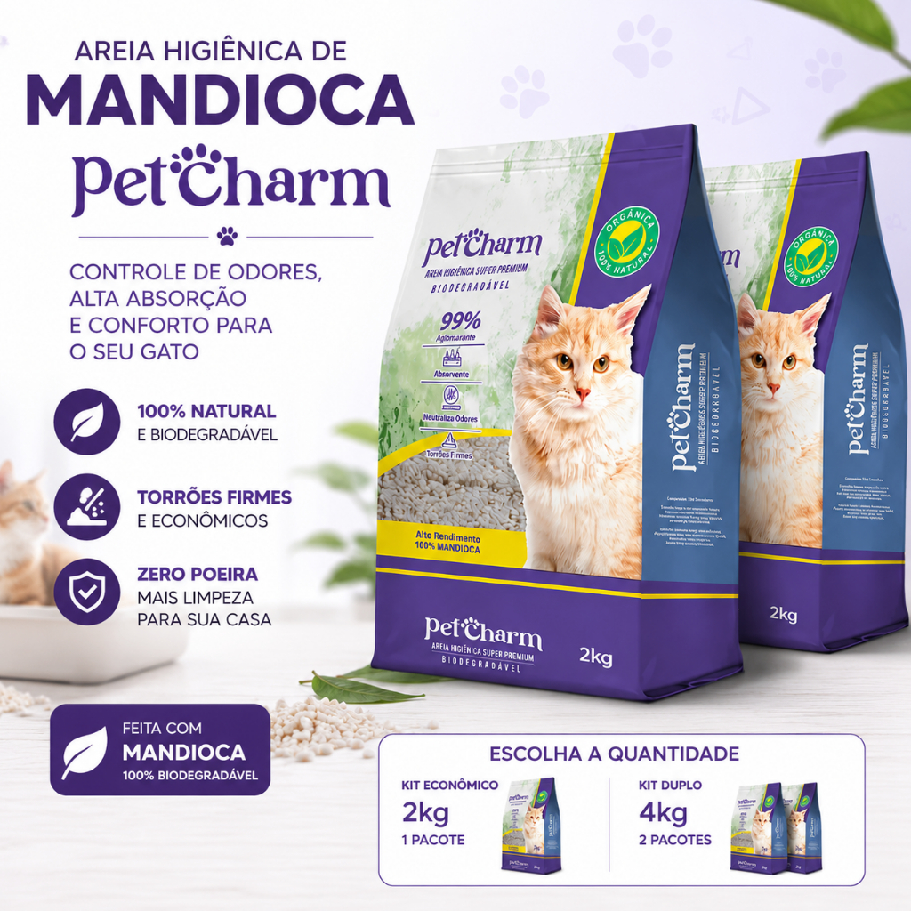Areia Higiênica para Gato Pet Charm Mandioca Biodegradável Sustentável Controle de Odor 2kg ou 4kg