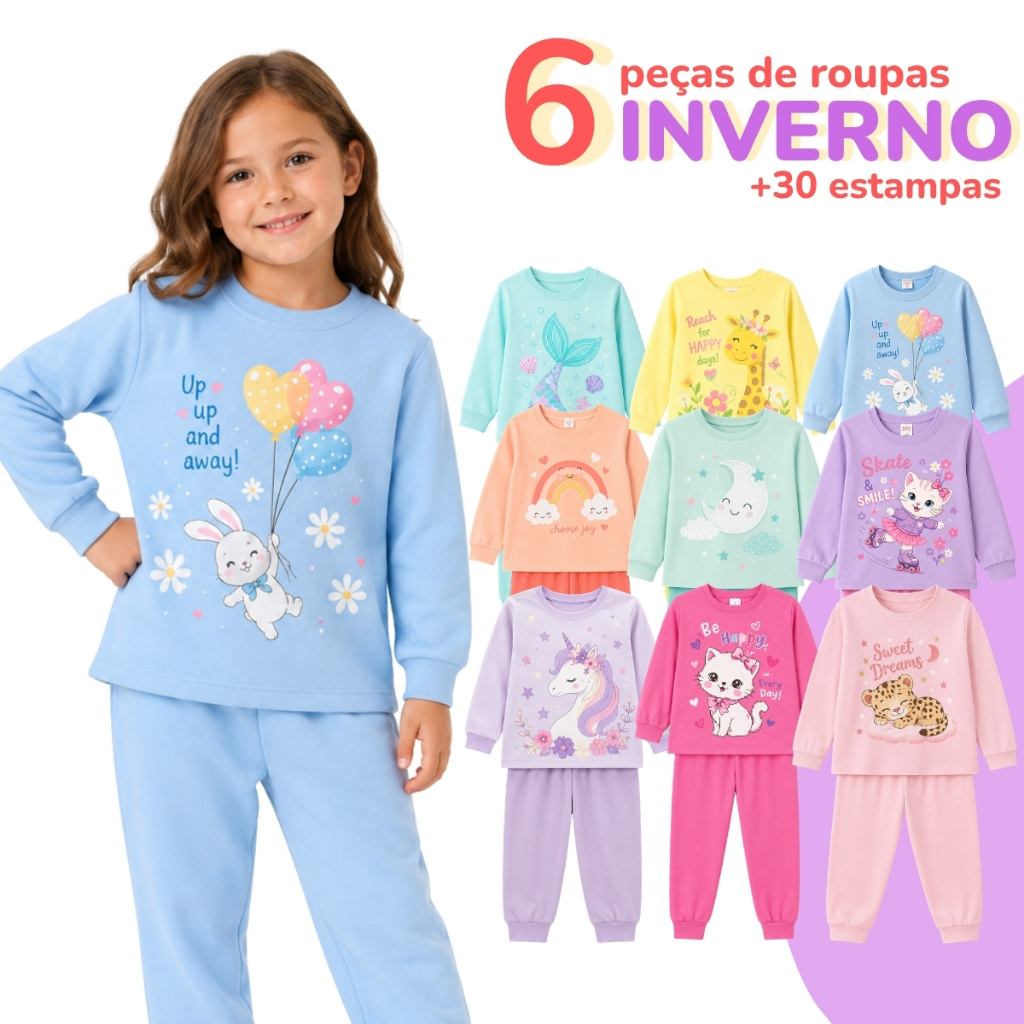 Kit 6 Peças Conjunto Moletom Infantil Menina Inverno Liso e Estampado 1 a 8 anos (3 Conjuntos)