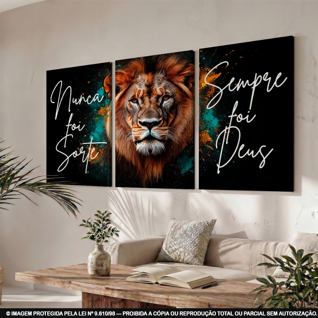 Kit Quadros Decorativos Leão Religioso Nunca Foi Sorte Sempre Foi Deus