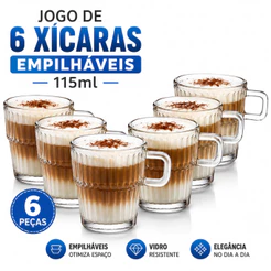 Jogo de Xicaras Para Café Chá Cappucino 6 PEÇAS de Vidro Modelo Clear lines 115ml Moderna