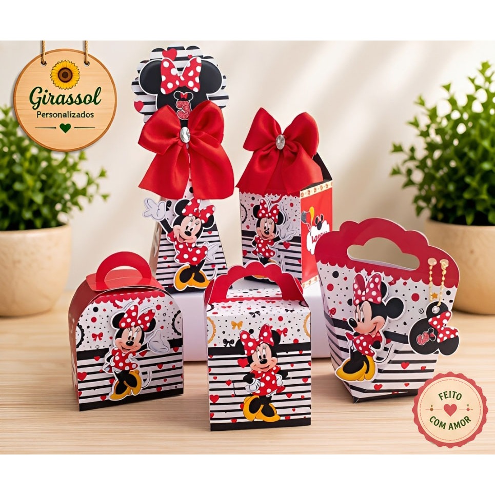 Kit Caixas Personalizadas Minnie Vermelha para Festa Infantil | Lembrancinhas aniversário Infantil