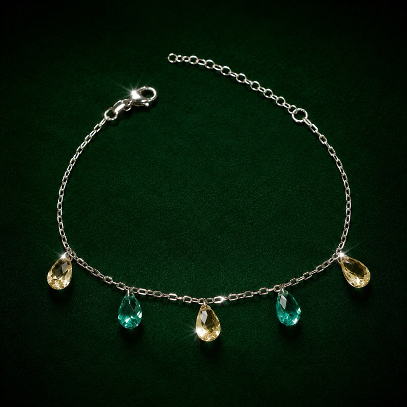 Pulseira Prata 925 com Gotas Verde e Amarela Joia Feminina Delicada