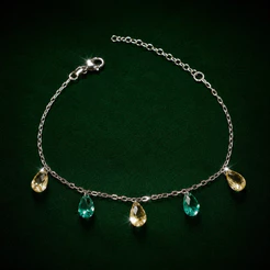 Pulseira Prata 925 com Gotas Verde e Amarela Joia Feminina Delicada