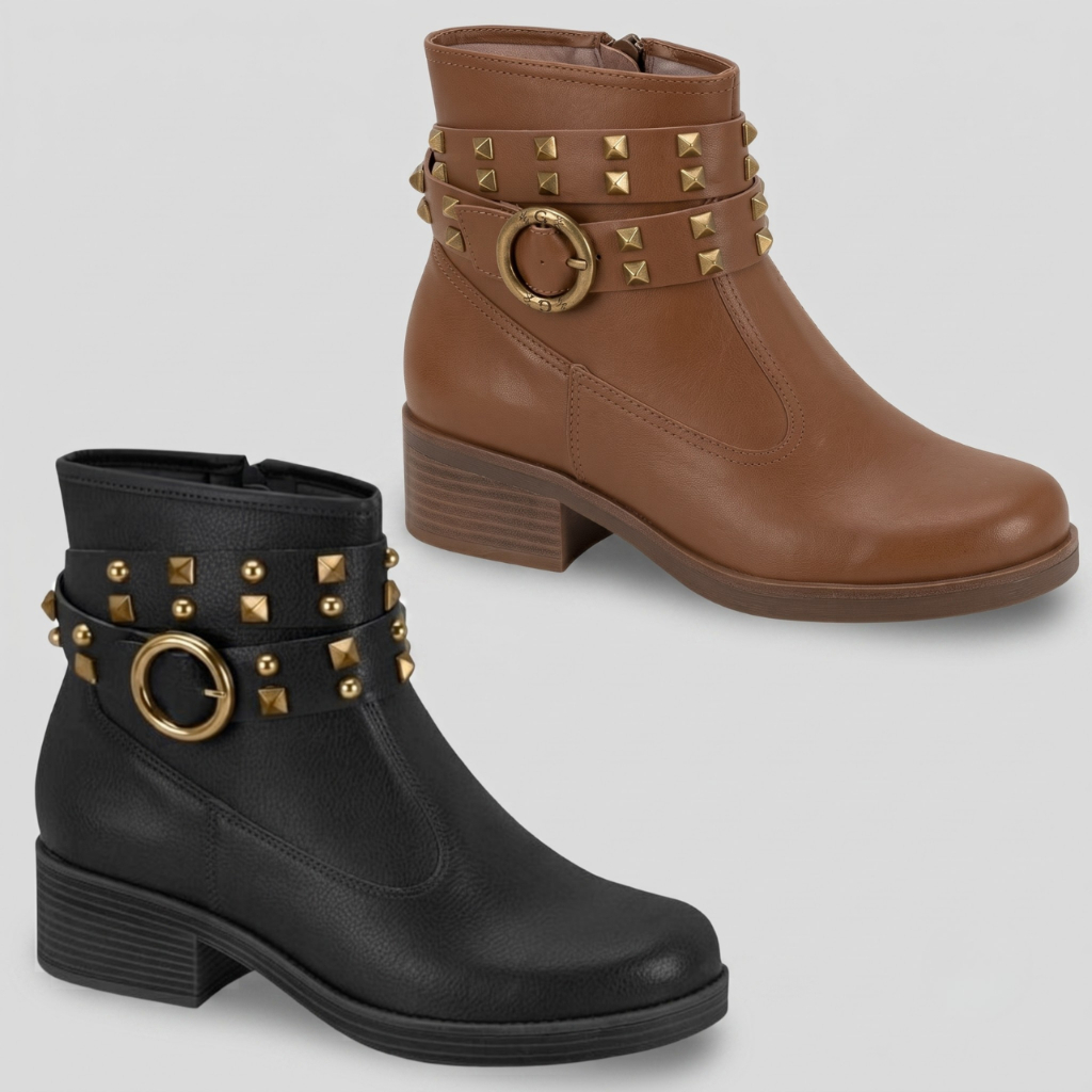 Bota Coturno Feminina Moleca Tratorada Tachas Douradas Moderna