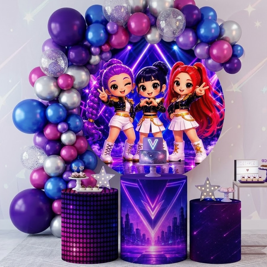 Capa Festiva Painel Redondo Trio Cilindro K Pop Guerreiras Hntrix Festa Infantil
