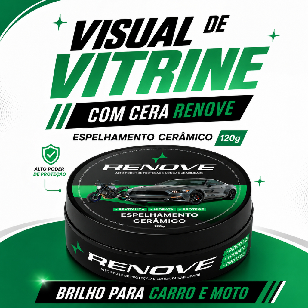 Cera Automotiva Carnaúba Renove 120g - Proteção UV, Repelência à Água e Alto Brilho