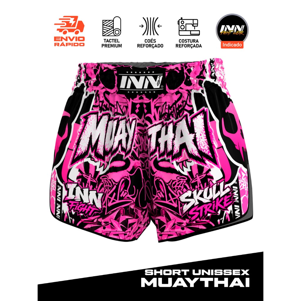 Short Muay Thai Champion Inn Fight Skull Strike Tailandês Unissex