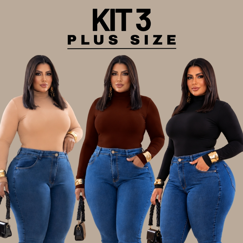 KIT 3 Blusas Feminina Manga Longa Cacharrel Plus Size Confortável Básico Gola Alta