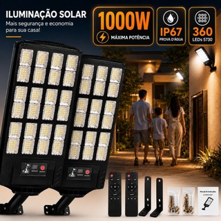 Kit 2 Luminárias Solares Led Parede Rua Externa 1000w Prova D'água IP67 Forte Com Sensor Presença E Controle Remoto