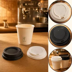 100 COPO PAPEL 250 ML C/ TAMPA PRETA/BRANCA BIODEGRADÁVEL (FNS) (CHOCO)