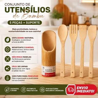 Utensílios de Cozinha em Bambu com Suporte Decorativo e Organizador,kit cozinha,Kit bambu,Utensílios