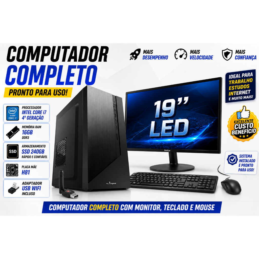 COMPUTADOR COMPLETO INTEL CORE 4ª I7 GERAÇÃO H81 16GB RAM SSD 240GB MONITOR 19'' WIFI