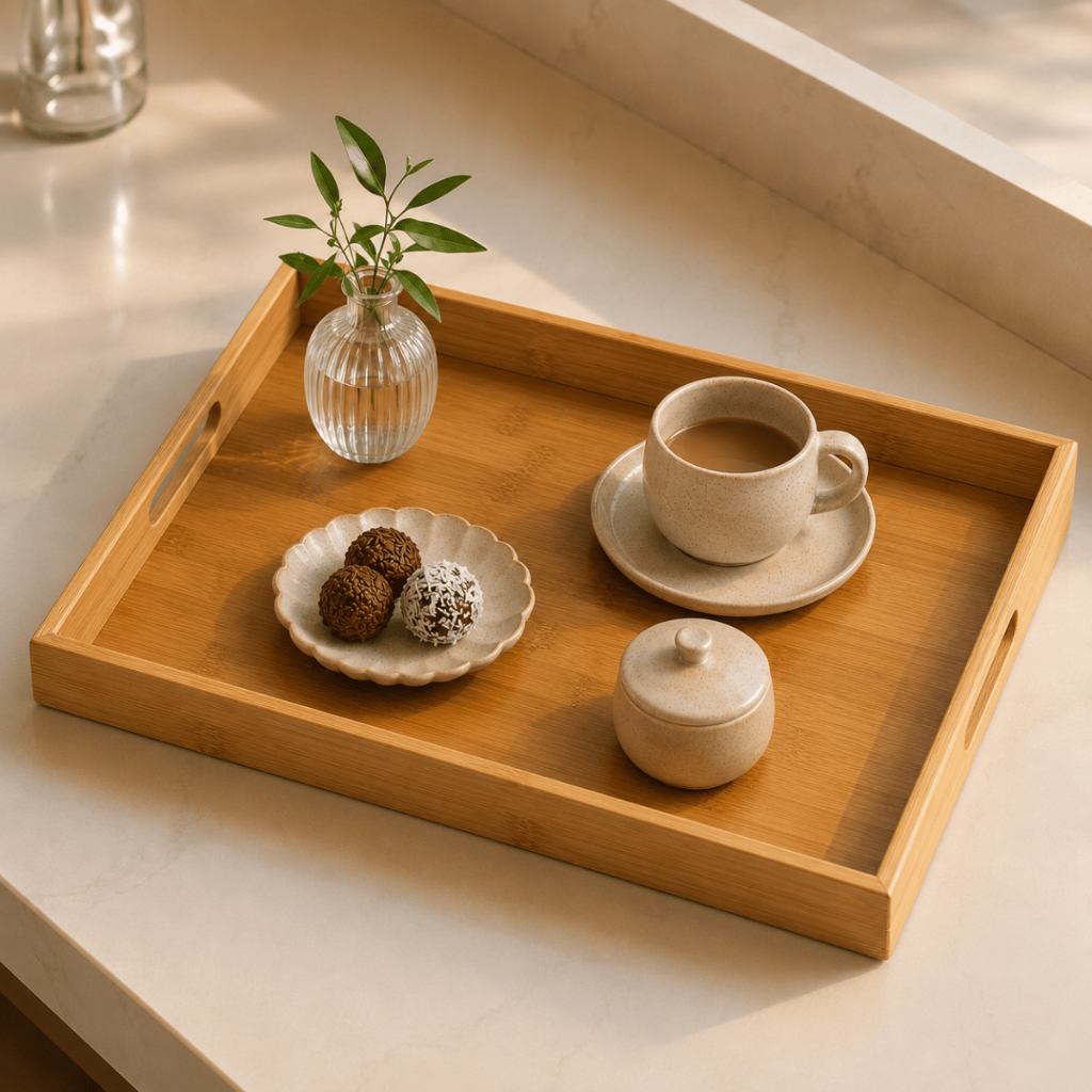Bandeja Retangular de Bambu com Alça Reta Embutidas Multiuso para Servir Decorar e Café da Manhã