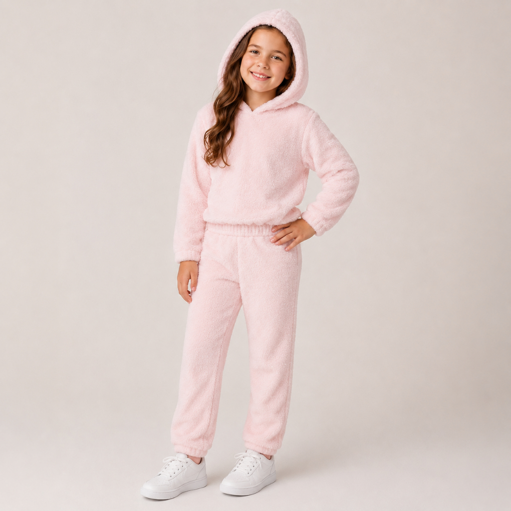 Conjunto Infantil Quentinho Peluciado Feminino | Calça e Casaco com Capuz Peluciado em Pelo Ágata
