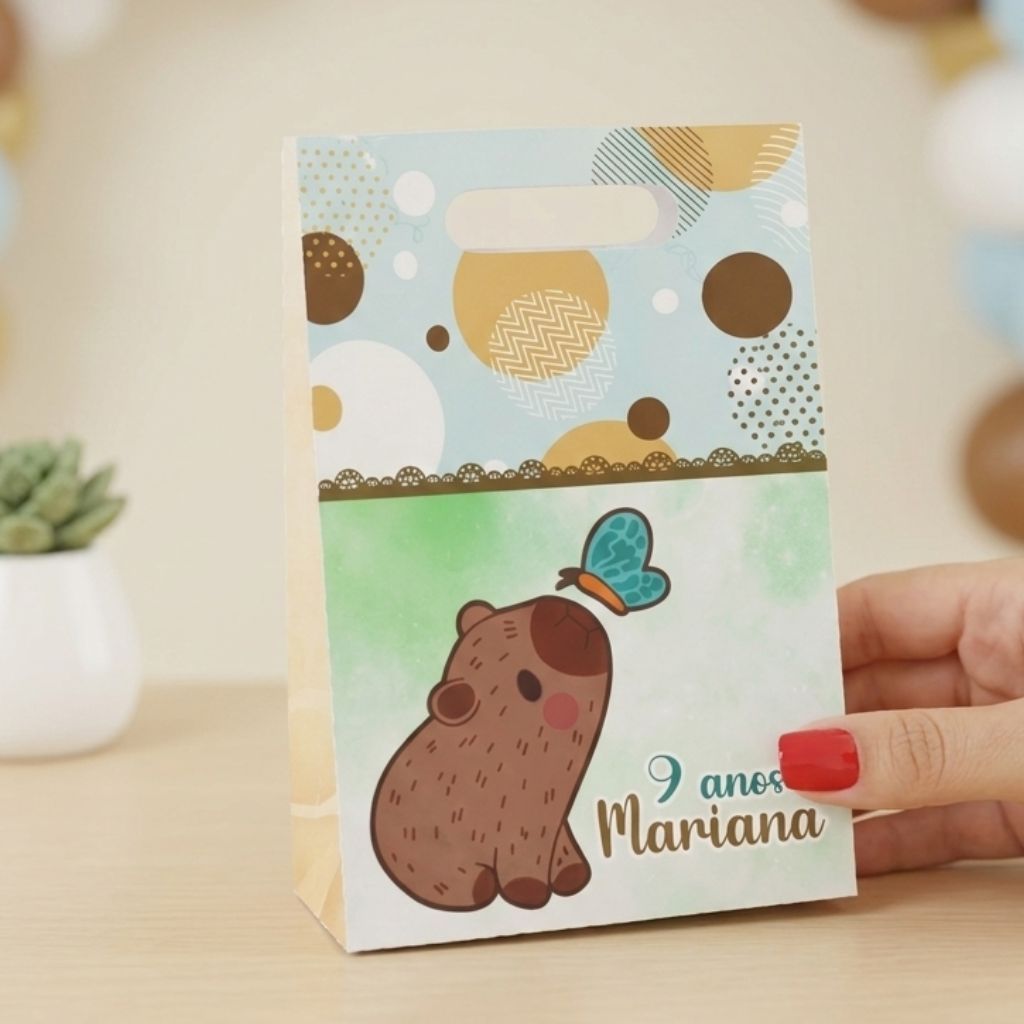 Kit 10 Sacolinhas Tema Capivara Personalizadas para Festa Infantil