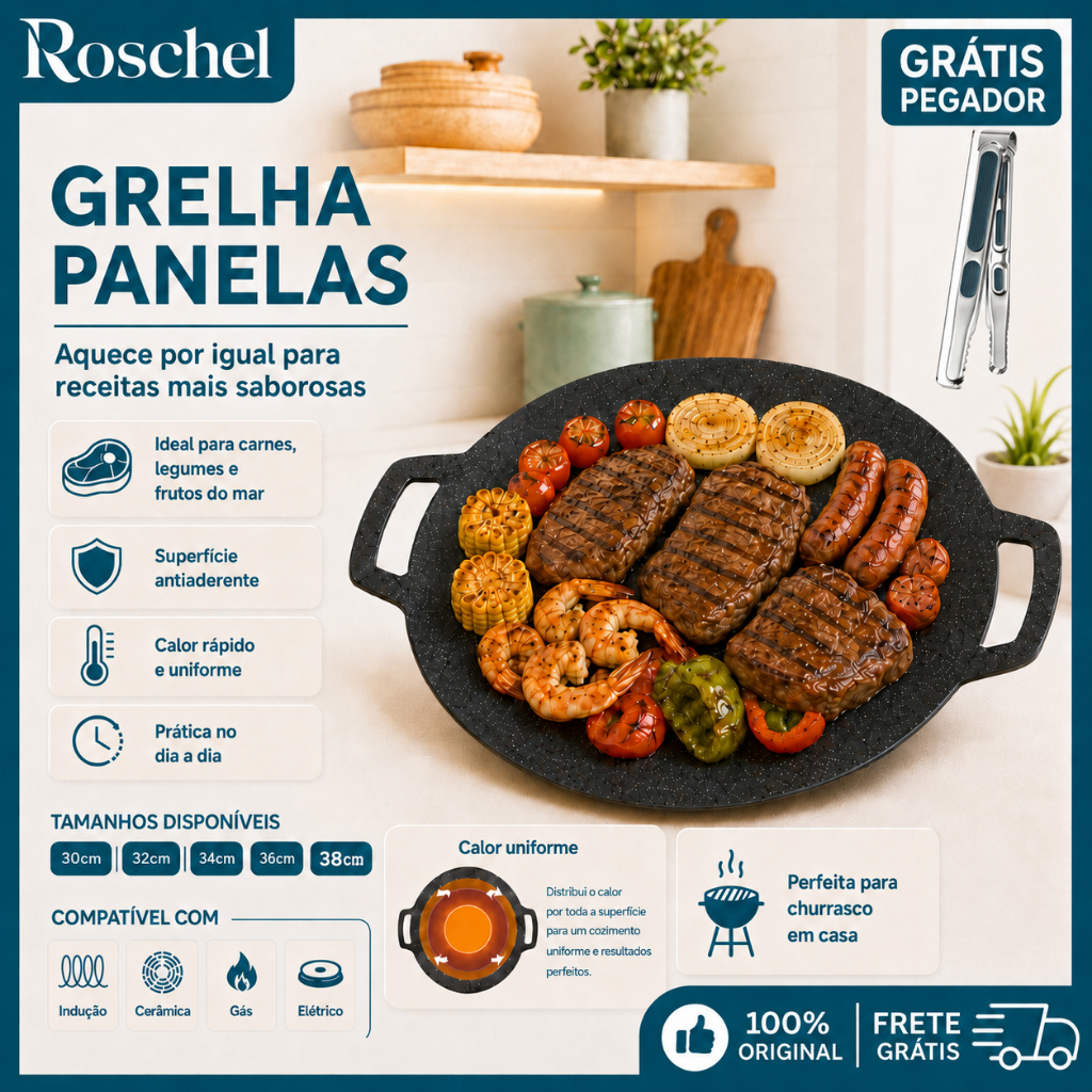 Frigideira Grill Redonda Antiaderente de Ferro - Chapa para Churrasco, Grelhar Carnes e Legumes
