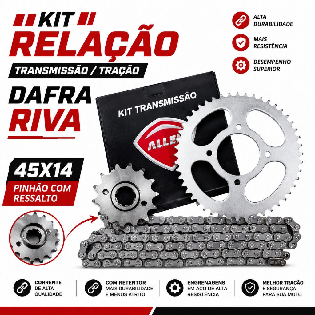 Kit Relação Transmissão Tração Dafra Riva 12 13 14 15 16 17 45X14 PINHÃO COM RESSALTO
