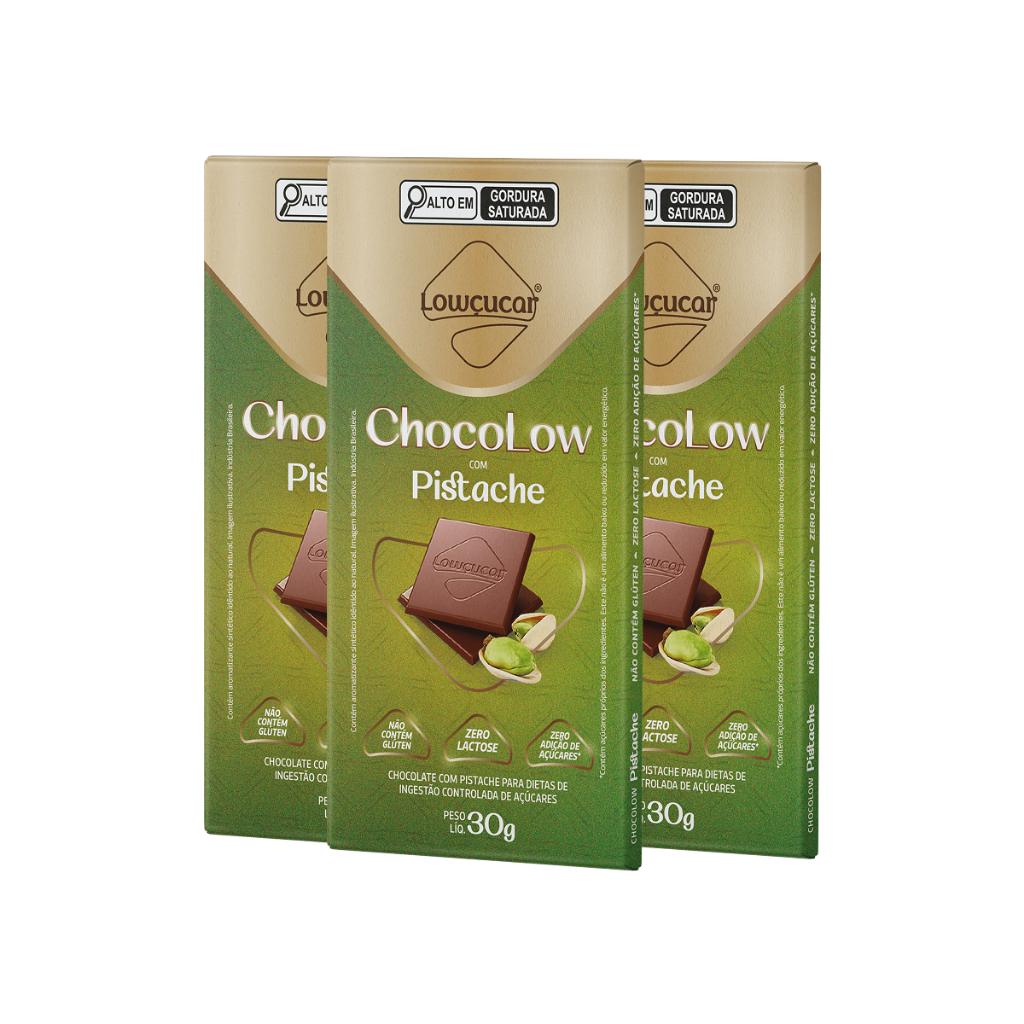 Kit 3 Unds de Chocolate Lowçucar Chocolow com Pistache Zero Lactose Zero Açúcares Rica em Fibras 30g