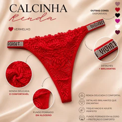 Calcinha Feminina em Renda Fio Dental com Strass Lingerie Sexy Confortável Acabamento Premium Moda Íntima Elegante