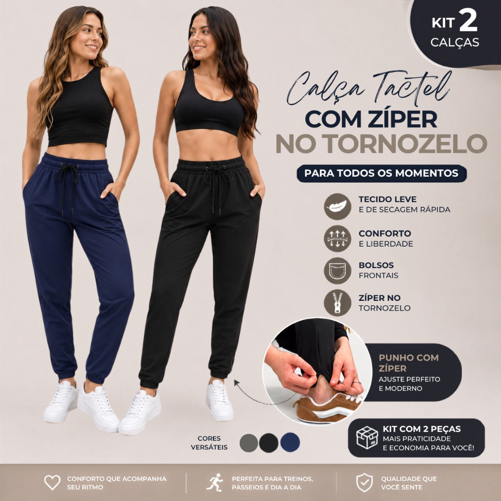 Kit 2 Calça Jogger Elastano Feminina Jogger com Zíper no Tornozelo e Cintura Elástica