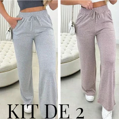 Calça pantalona de lazinho feminina cintura alta com bolso pra inverno