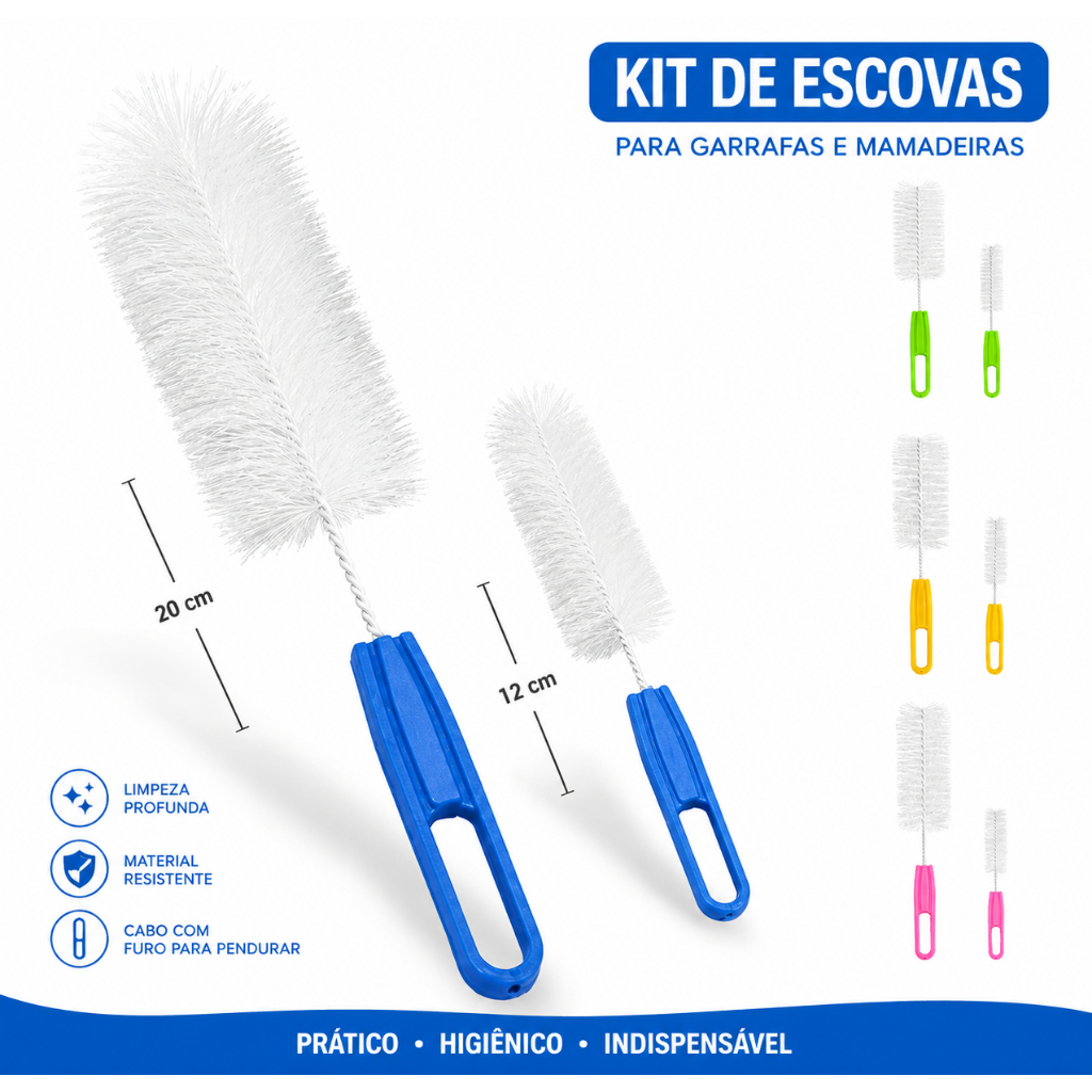 Kit Escova Mamadeira e Bico Limpeza Profunda Cerdas Resistentes Multiuso 2 em 1