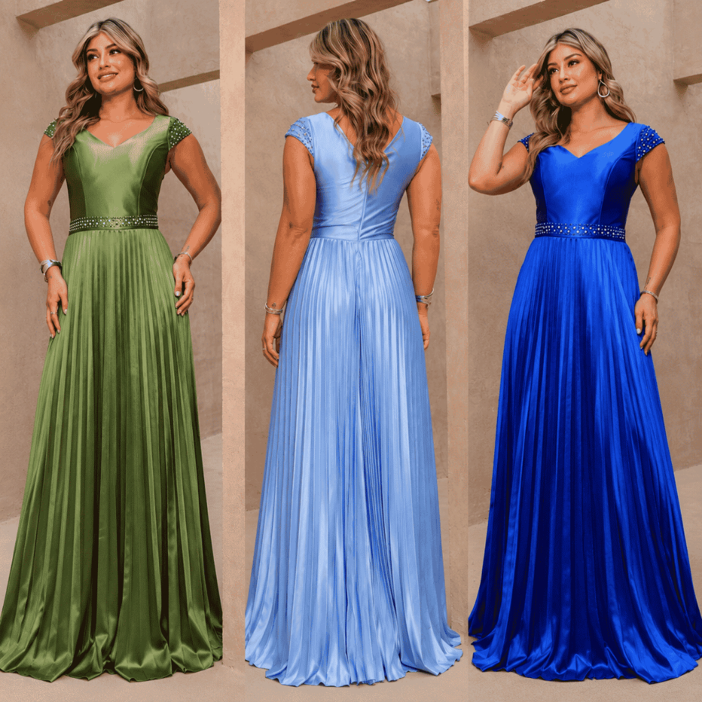 Vestido de festa longo feminino casamentos madrinhas saia plissado manguinha curta