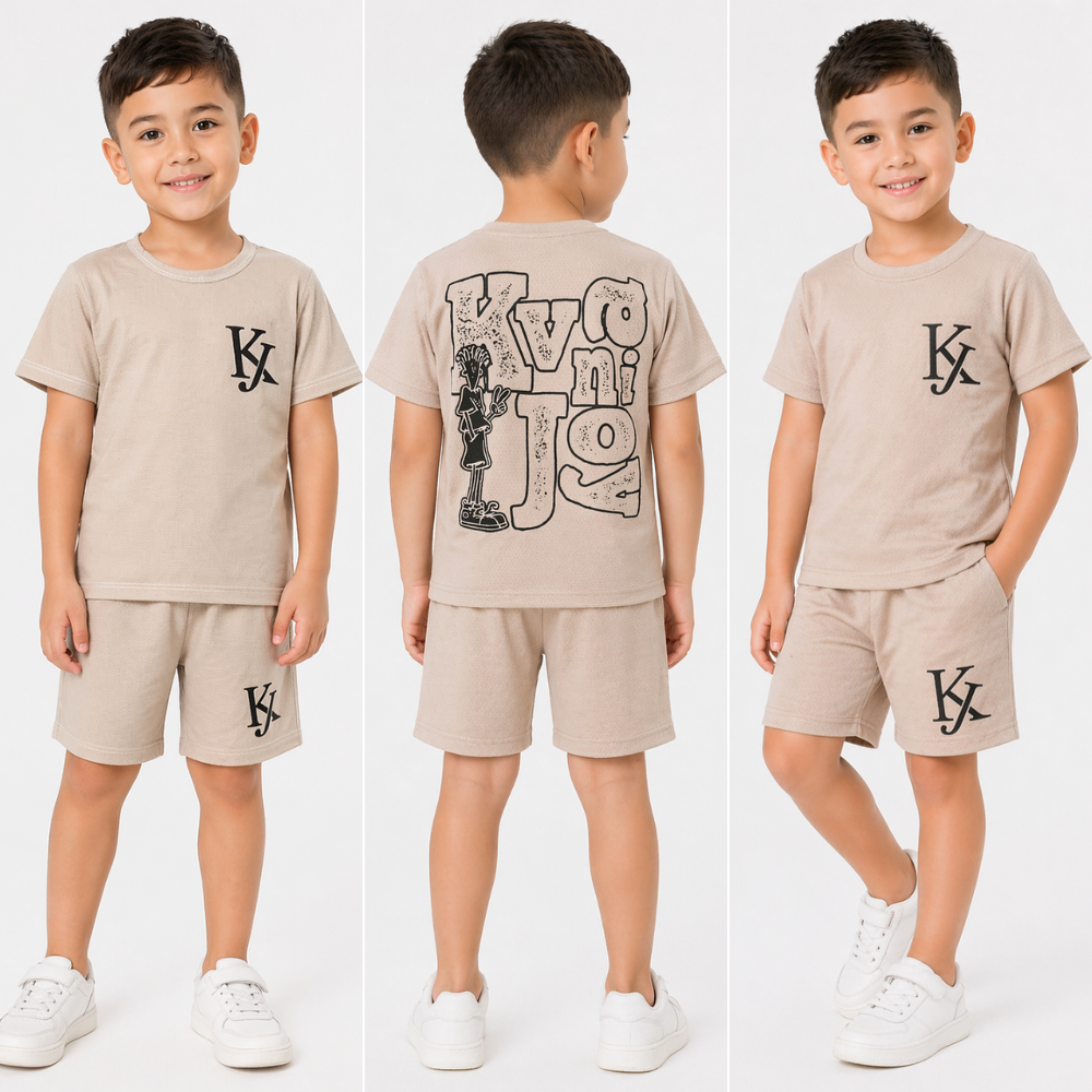 Novo conjunto com 2 peças infantil estampa nas costas 2 ao 12 anos camisa + short de verão dry-fit