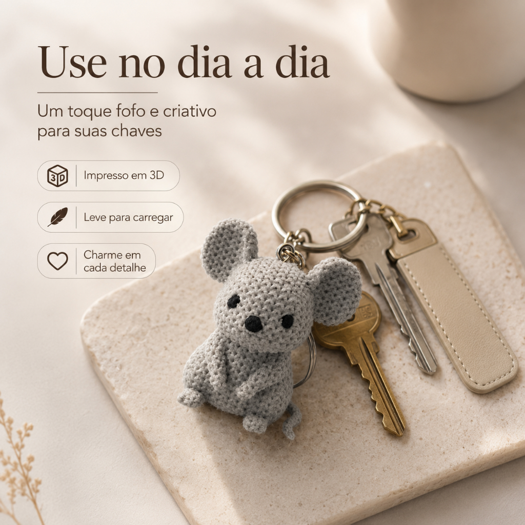 Chaveiro Ratinho Cinza 3D Efeito Crochê 4cm Unidade ou Kit para Mochila Bolsa e Presente — imagem 2 de 2