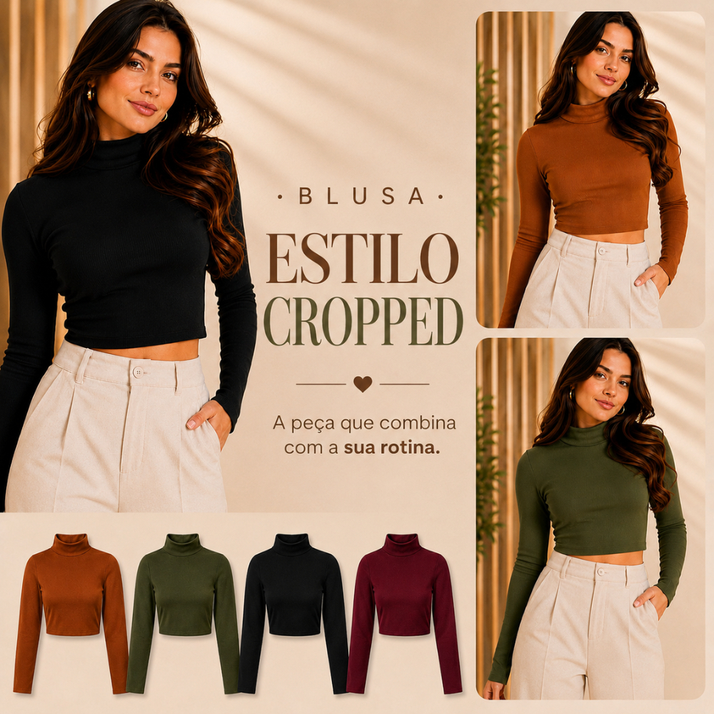 Blusa Feminina Gola Alta Manga Longa Ribana Premium Cropped Canelada Macia Confortável Elegante Casual Outono Inverno