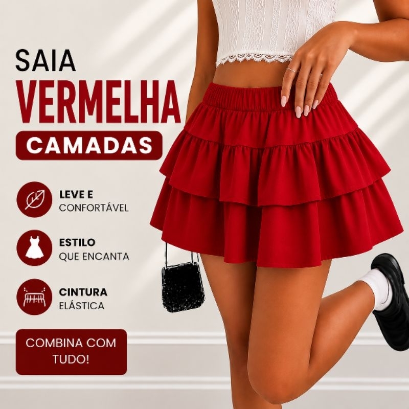 Saia Curta Babados, Camadas, Moda Feminina, Cintura Elastica ,Tendencia Verão Casual