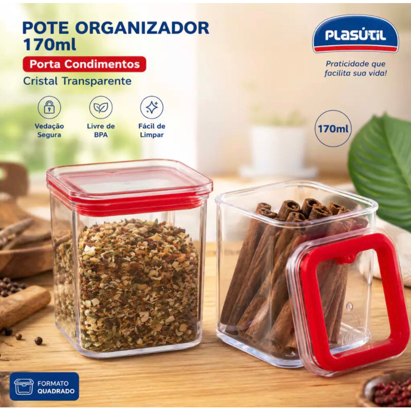Porta Condimentos Hermético Cristal Transparente Tempero Cozinha 170 ml Vermelho | Porta Mantimentos Plasútil