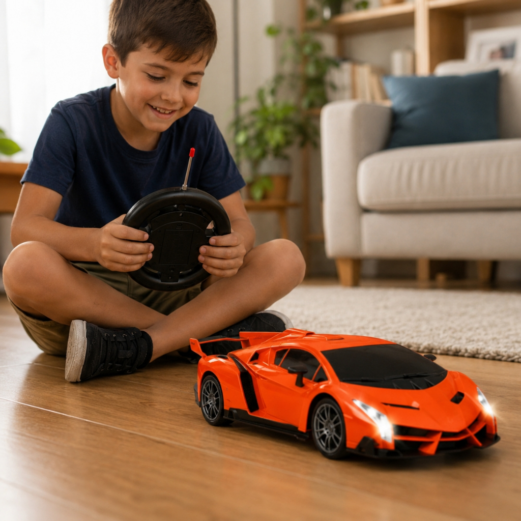 Brinquedo Carrinho de Controle Remoto Super Car Laranja Com Luz Volante Esportivo Escala 1:16 - Castela