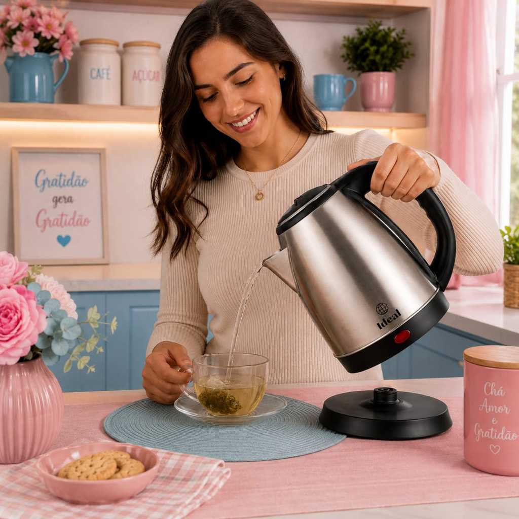 CHALEIRA ELÉTRICA INOX, BULE COM TAMPA, JARRA TERMICA, 1,8 LITROS, PARA CAFÉ, CHÁ, CHIMARRÃO. FERVE RÁPIDO