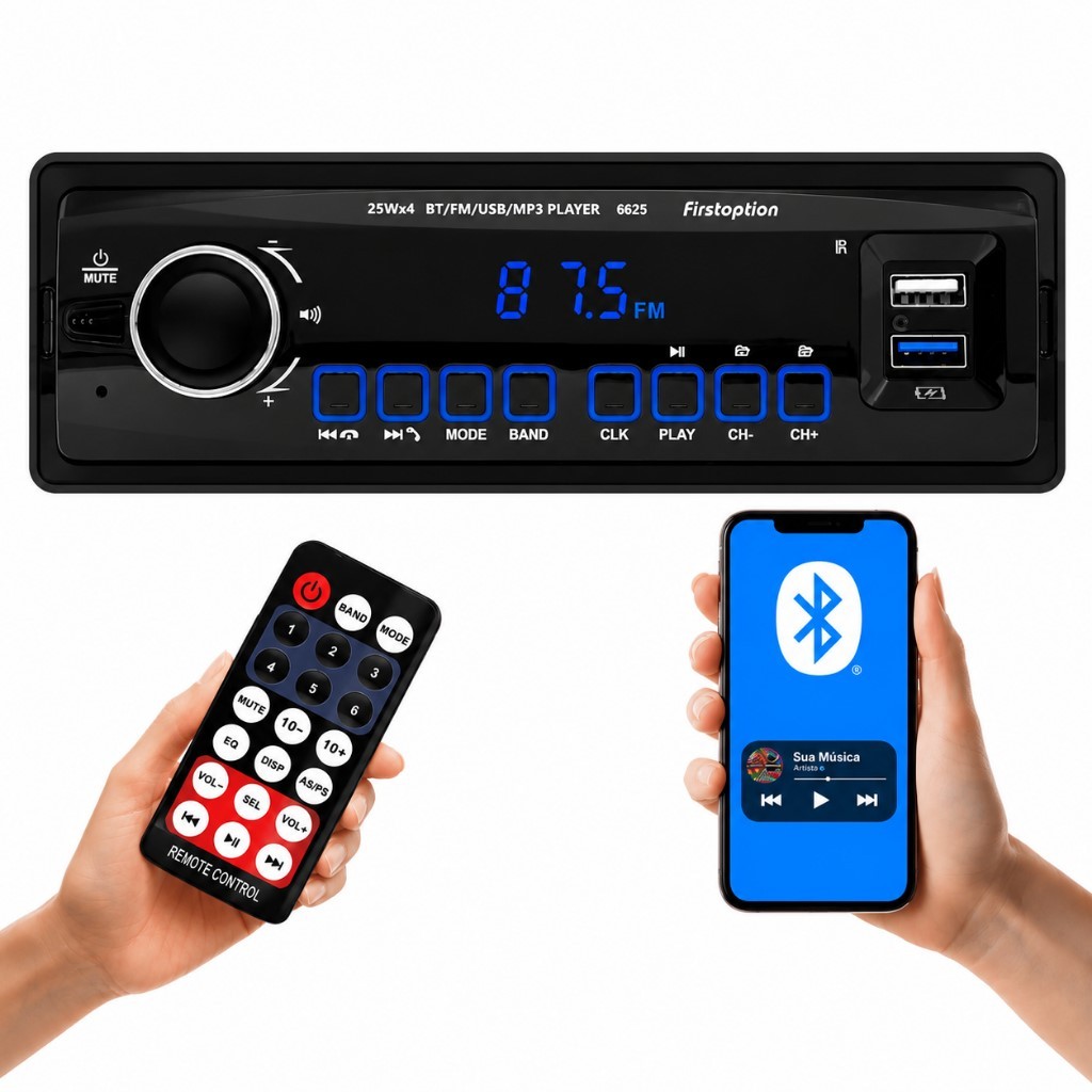 Rádio Mp3 Automotivo Com Controle Player Bluetooth Usb Universal 1 Din Painel Led