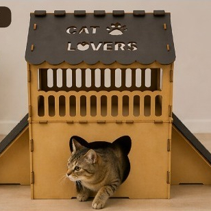 Casinha Gato MDF 2 Andares Rampa Arranhador Sisal Brinquedo Casinha Felino Grande Pet Desmontável