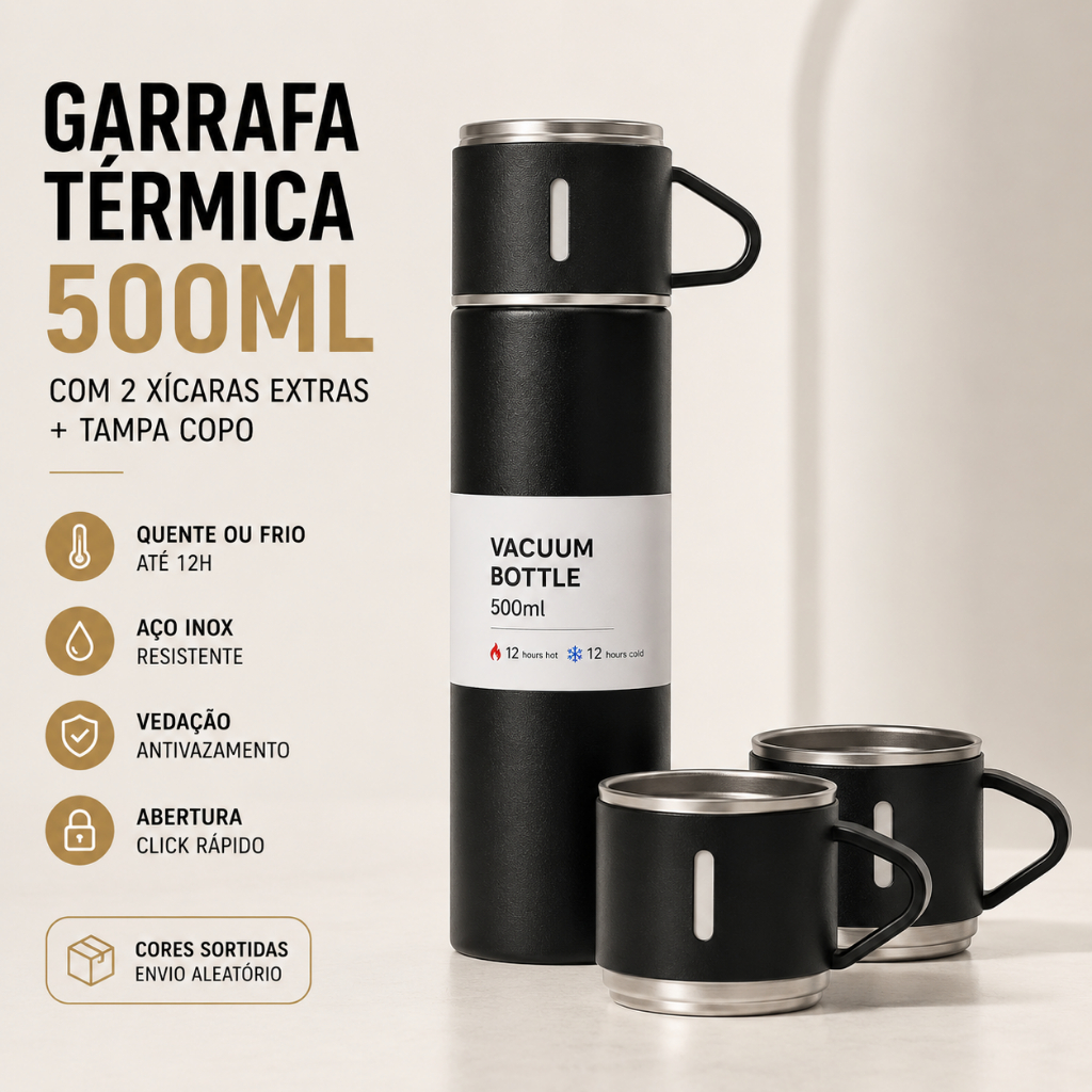 Garrafa Térmica Inox 500ml com 2 Copos Extras + Tampa Copo Mantém Quente e Frio até 12 Horas Portátil