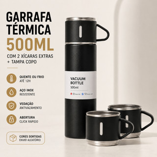 Garrafa Térmica Inox 500ml com 2 Copos Extras + Tampa Copo Mantém Quente e Frio até 12 Horas Portátil