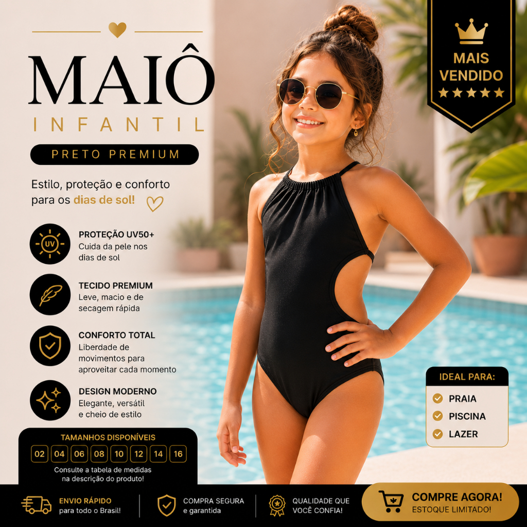 Maiô Biquíni Infantil Bebê Menina Juvenil Feminino Frente Única Moda Praia Natação Liso S…