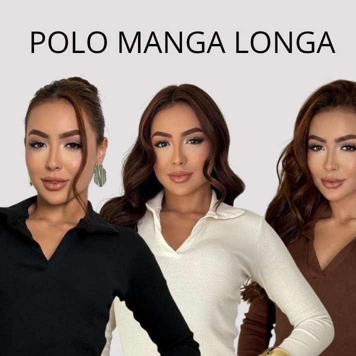 Blusa Feminina Canelada Manga Longa Gola Polo Básica Inverno ribana canelada Casual Look Trabalho