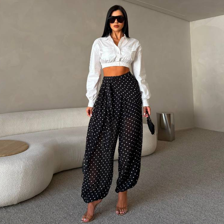 Calça Aladim Feminina Pantalona Poá em Musseline Crepe Forrada com Lenço Elegante