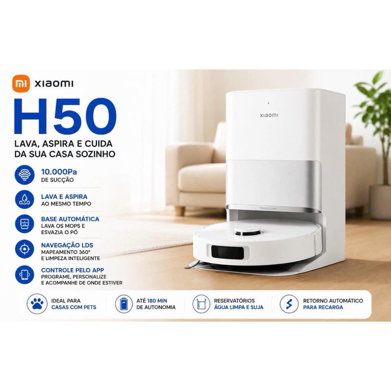 Robô Aspirador Xiaomi H50 Com 10000Pa - Autolimpante Aspira e Passa Pano Alexa App