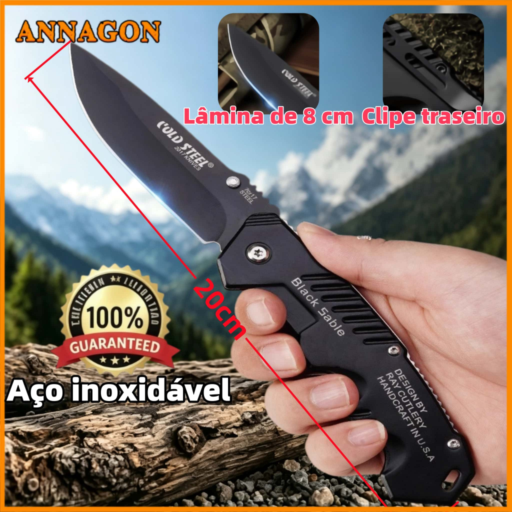 20CM Canivete Tático Dobrável em Aço Inoxidável Preto para Camping Trilha e Pesca Lâmina de 8 cm