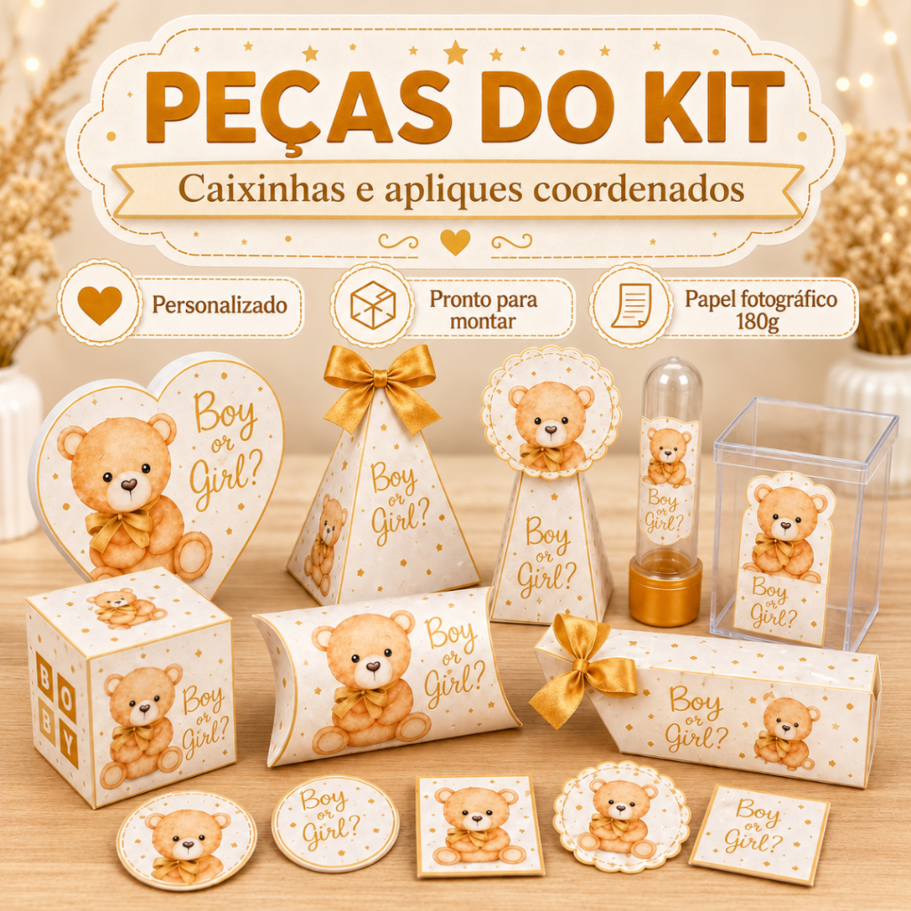Kit Chá Revelação Ursinho 180 Itens Lembrancinhas Personalizadas Menino e Menina